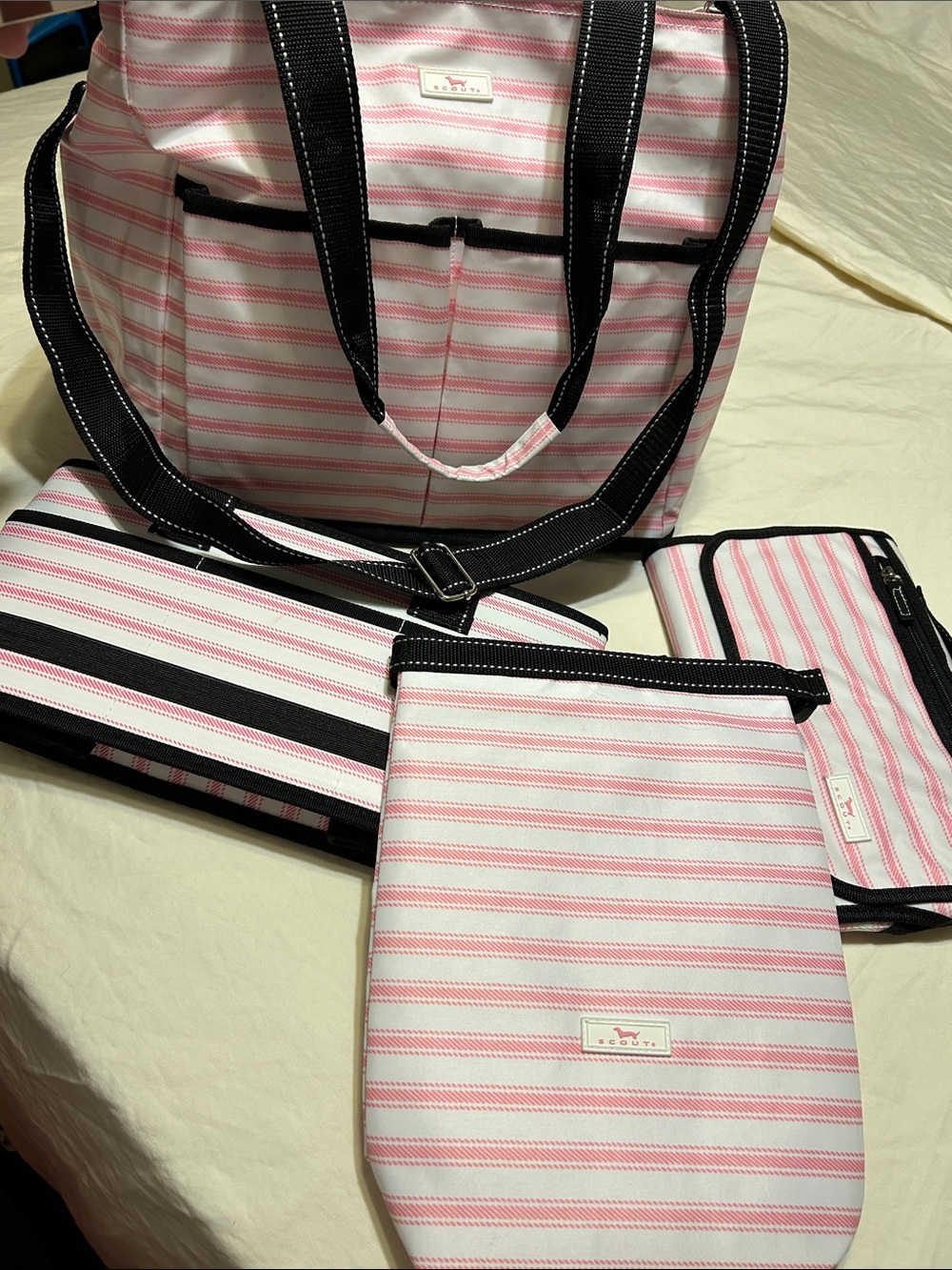 Scout Pink & White Striped Tote Bag Set with Black Trim
